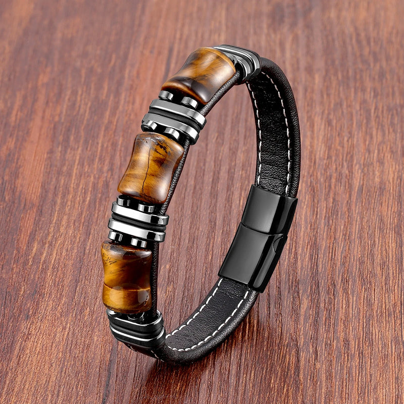 Pulseira Masculina de Couro Pedra Tigre