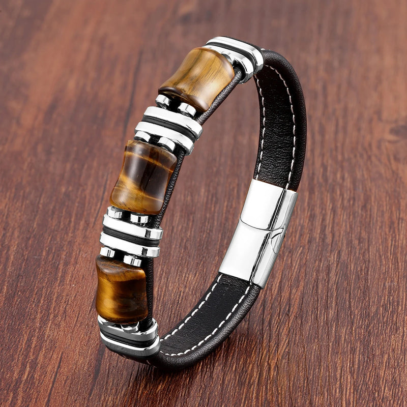 Pulseira Masculina de Couro Pedra Tigre