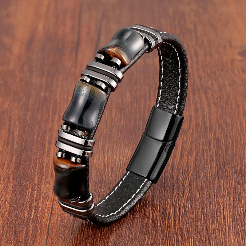 Pulseira Masculina de Couro Pedra Tigre