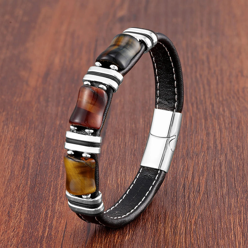 Pulseira Masculina de Couro Pedra Tigre