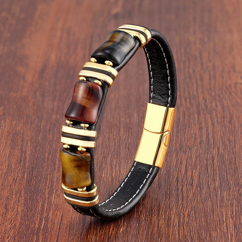 Pulseira Masculina de Couro Pedra Tigre