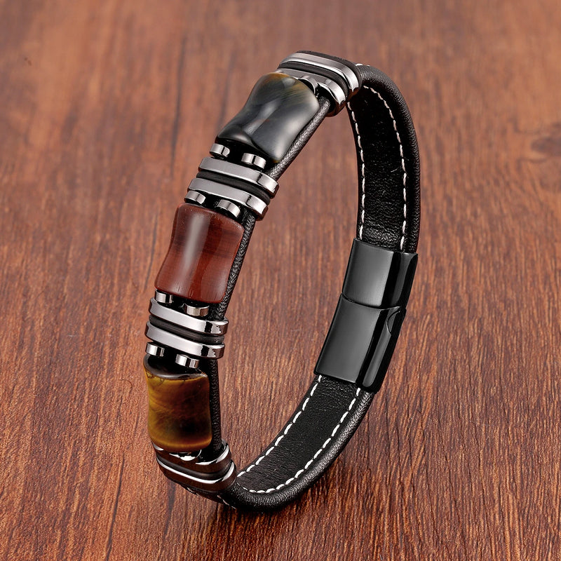 Pulseira Masculina de Couro Pedra Tigre