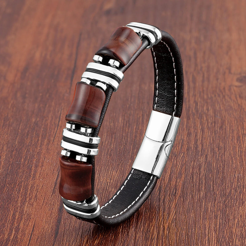 Pulseira Masculina de Couro Pedra Tigre