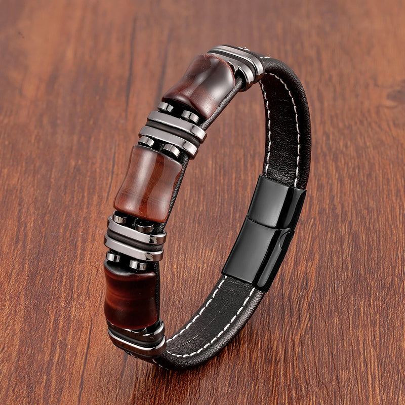Pulseira Masculina de Couro Pedra Tigre