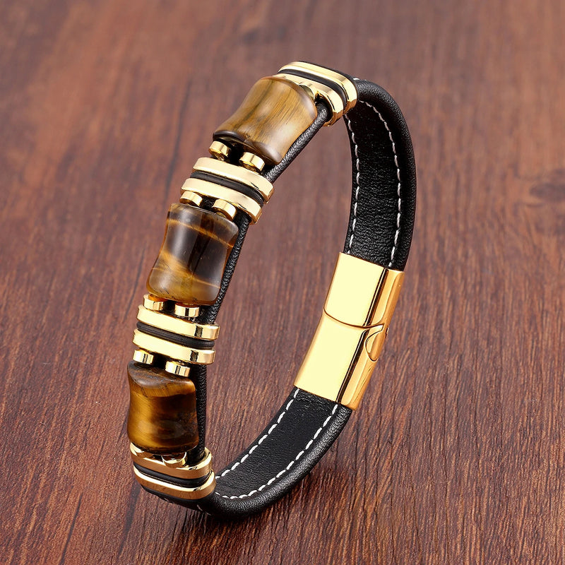 Pulseira Masculina de Couro Pedra Tigre