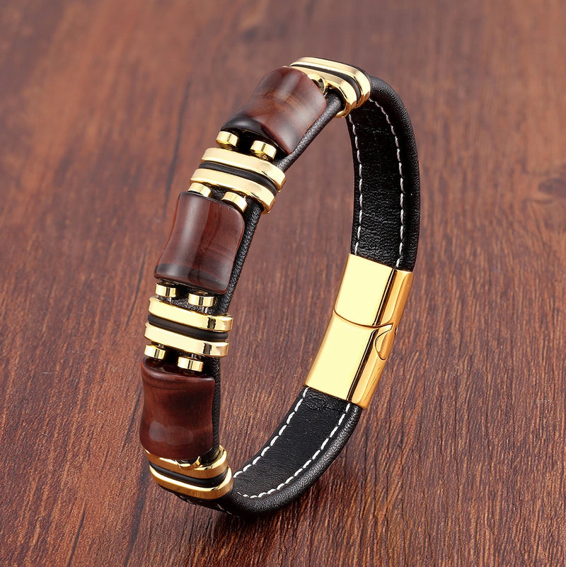 Pulseira Masculina de Couro Pedra Tigre