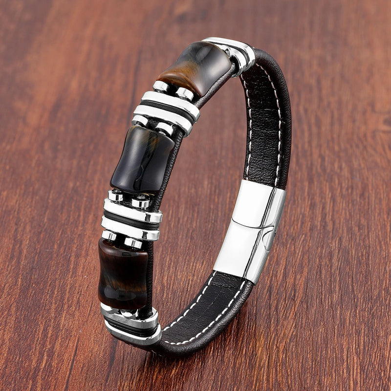 Pulseira Masculina de Couro Pedra Tigre