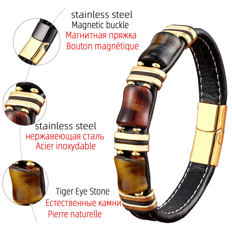 Pulseira Masculina de Couro Pedra Tigre