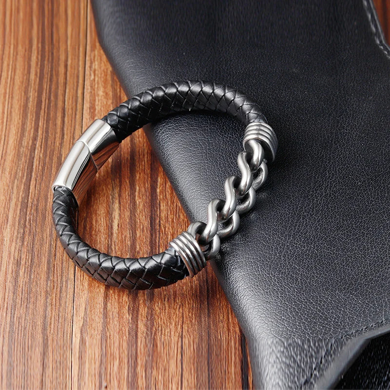 Pulseira Masculina Couro e Corrente