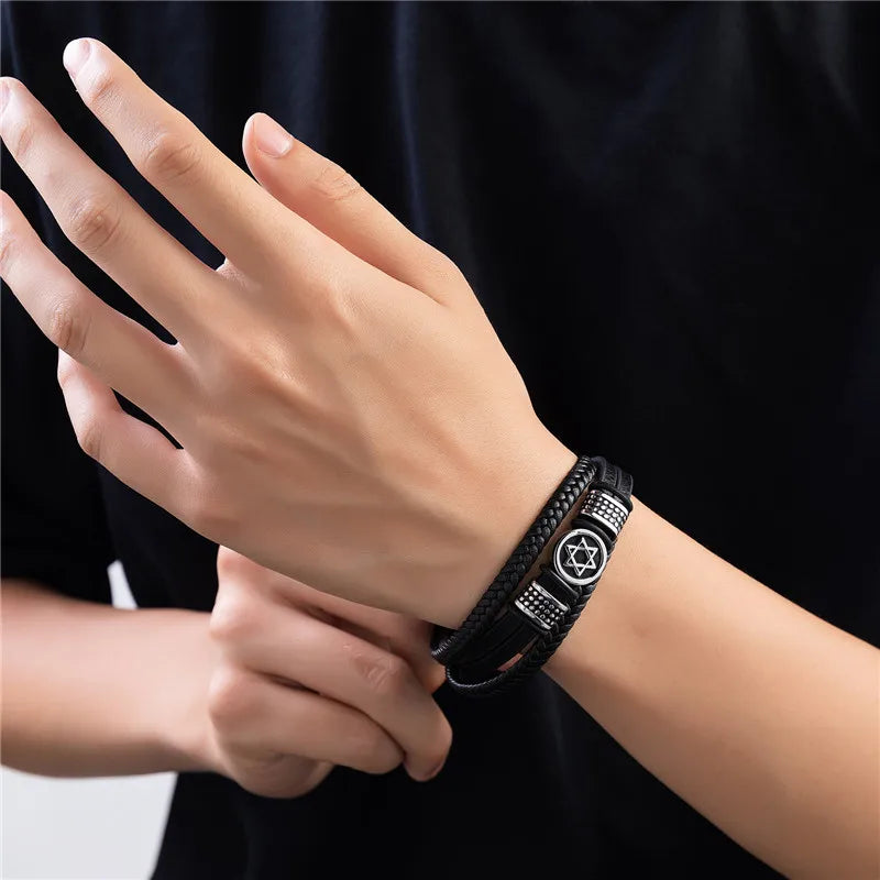 Pulseira Masculina de Couro Estrela de Davi