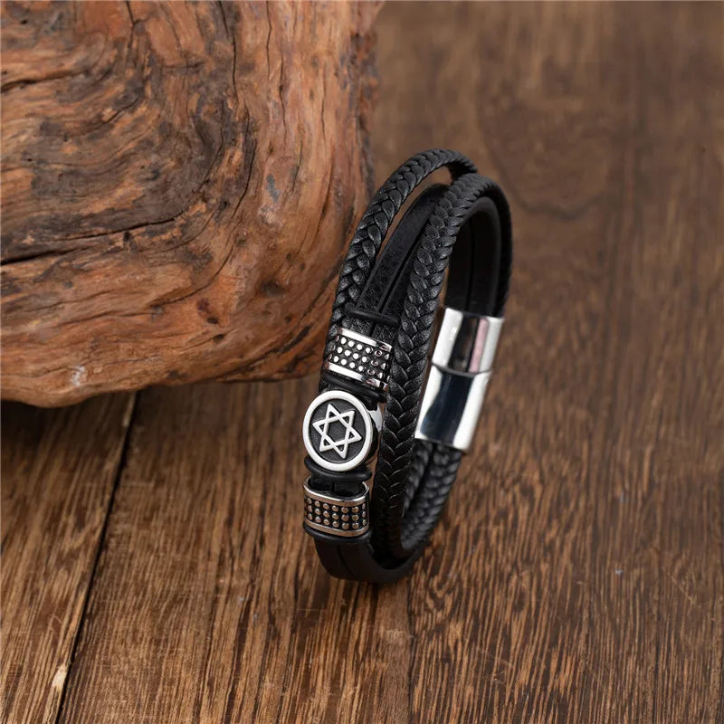 Pulseira Masculina de Couro Estrela de Davi