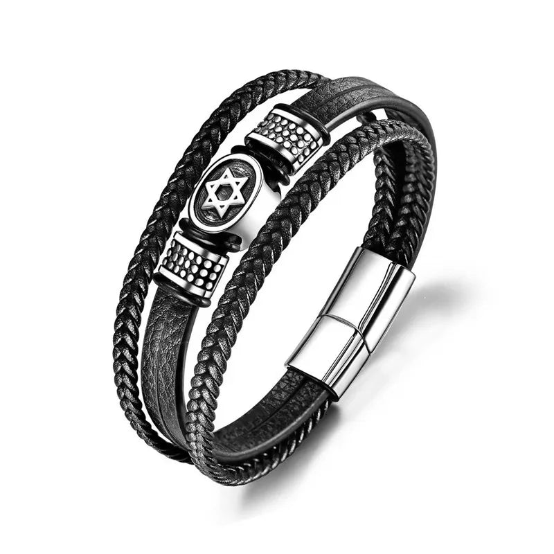 Pulseira Masculina de Couro Estrela de Davi