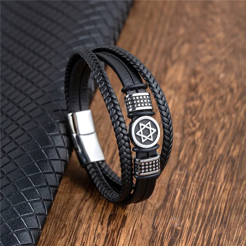 Pulseira Masculina de Couro Estrela de Davi