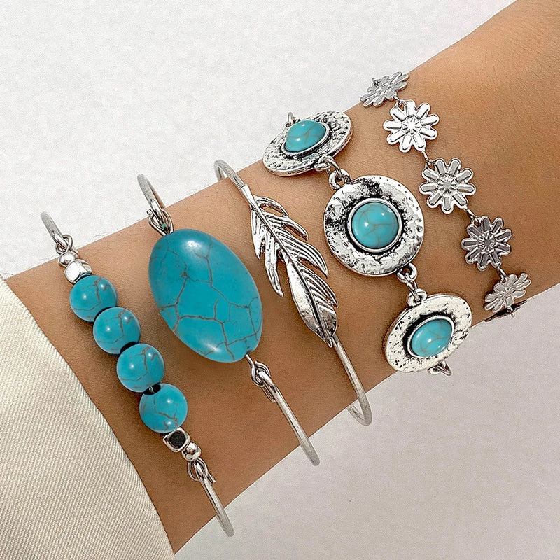 Conjunto de 5 Pulseiras Vintage com Pedras