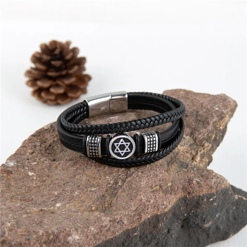 Pulseira Masculina de Couro Estrela de Davi