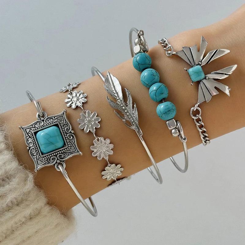 Conjunto de 5 Pulseiras Vintage com Pedras