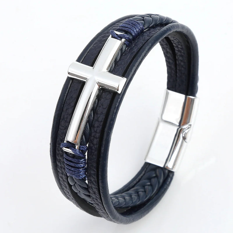 Pulseira Masculina de Couro Cruz