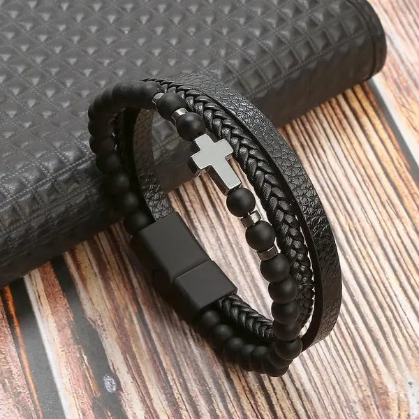 Pulseira Masculina Couro Charme e Fé