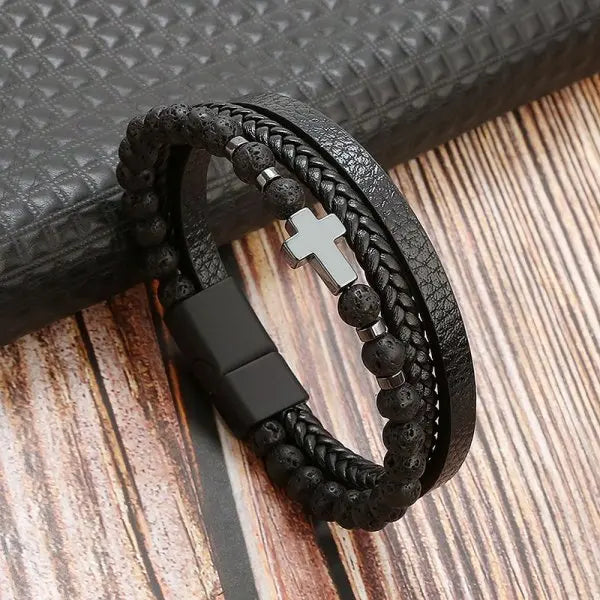 Pulseira Masculina Couro Charme e Fé